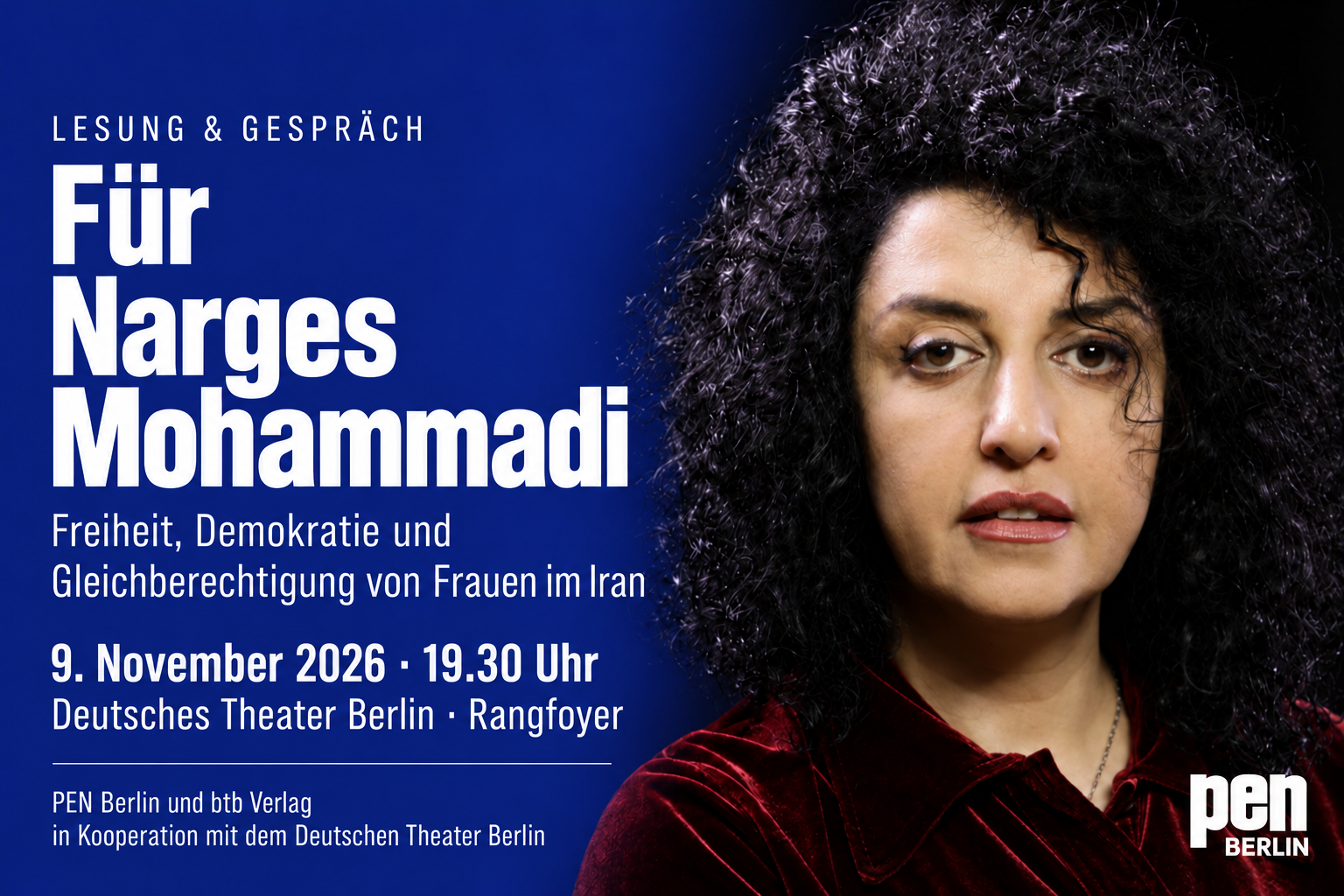 Für Narges Mohammadi – Lesung und Gespräch am 9. November 2026 im Deutschen Theater Berlin